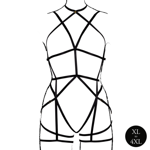 Bodyharnas met open cups en jarretels - One Size -Zwart - Afbeelding 5