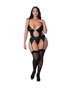 Kira - Open Front Basque met Kousenbanden en String - 2X - Zwart